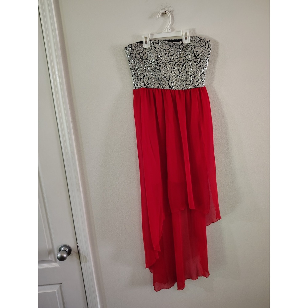 Sequin‎ Hearts Silver Sequin Red Chiffon High Low Strapless Formal Dress Size 5
